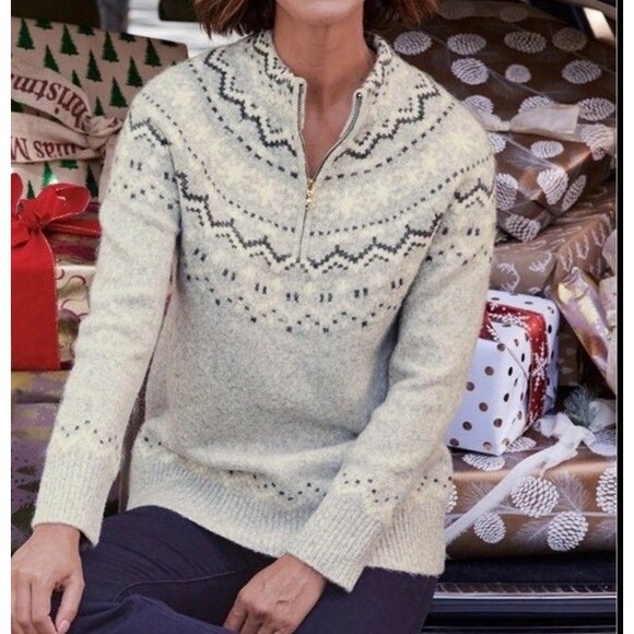 Women's Soft Surroundings 1/2 Zip Sascha Fair Isle Grey  PulloverSweater Wool XS - Picture 1 of 14
